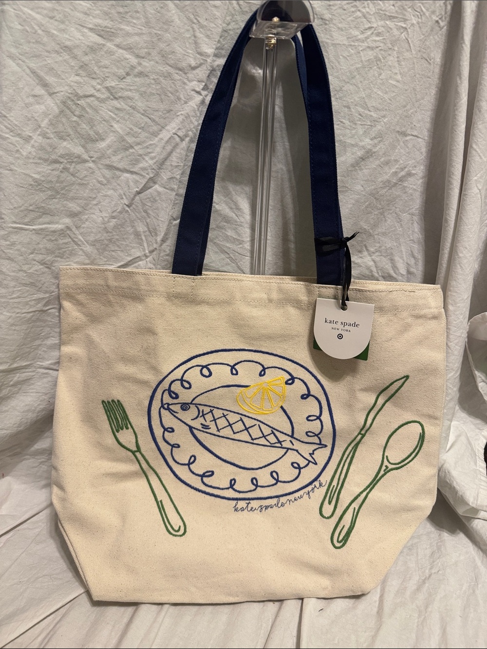 kate spade Cream Canvas Tote with Navy Straps and Colorful Fish Motif